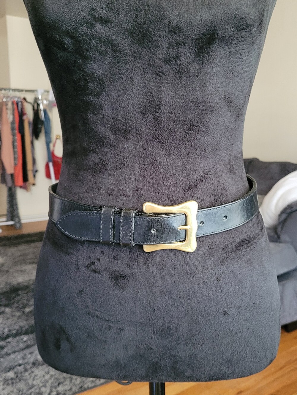 Black Leather Belt with Gold Buckle - Women Accessories Vintage Leather Belt 28"
